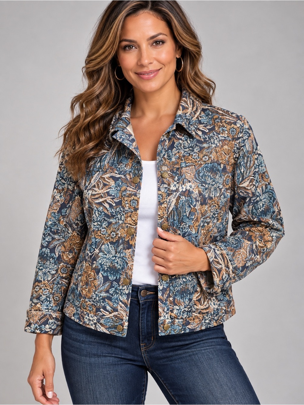 Westbound Ladies Blue/ Pink Floral Jacket Size PL Stretch LS Button Up Collared